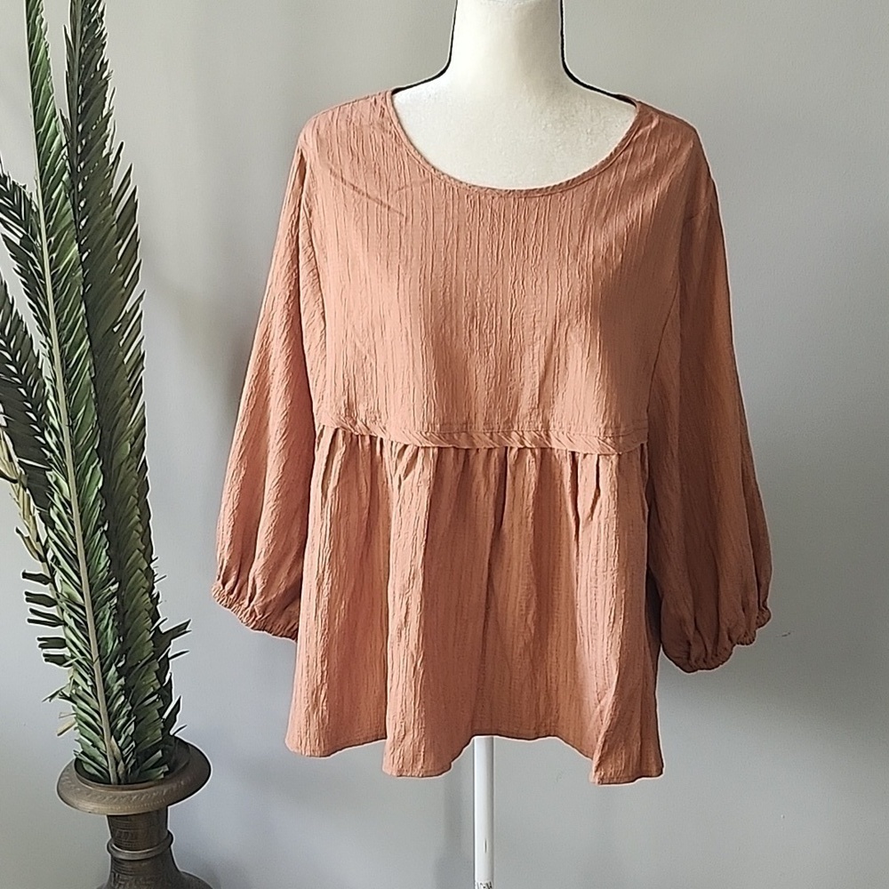 Cato peachy brown textured swing blouse with longer sleeves and button b… - Picture 3 of 14